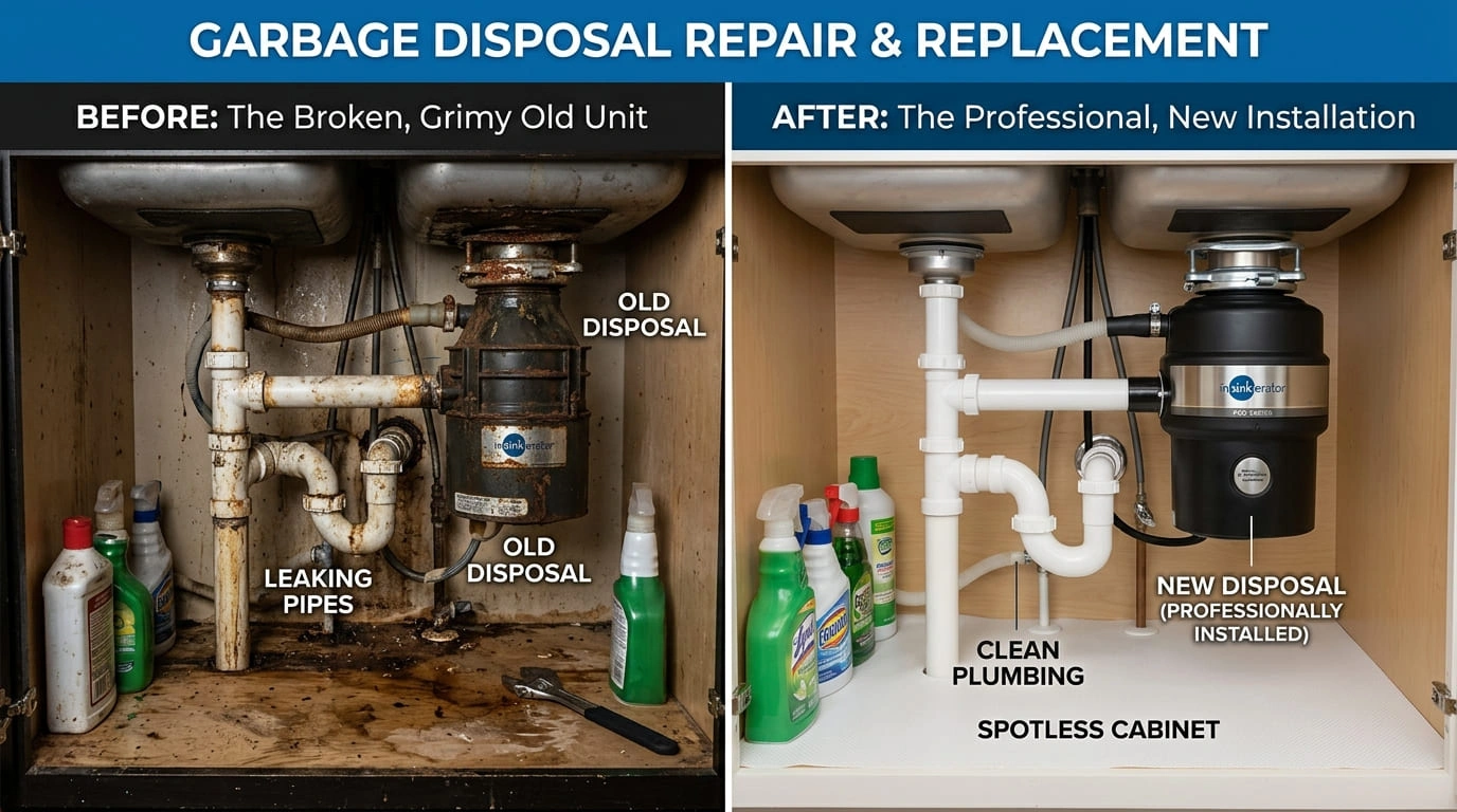 Garbage Disposal Repair Replacement Before and After Rose Pasa Plumbing Pasadena CA