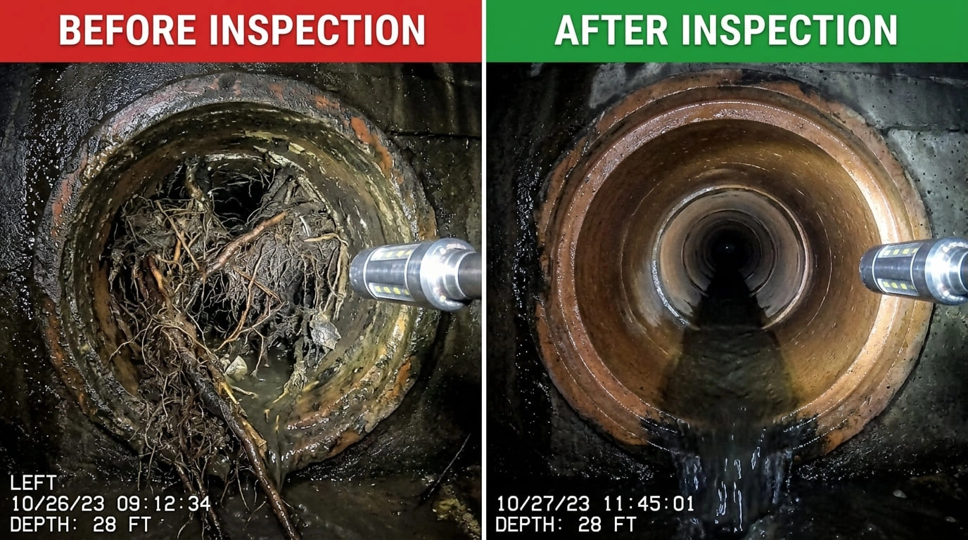 Sewer Camera Inspection Before and After Rose Pasa Plumbing Pasadena CA