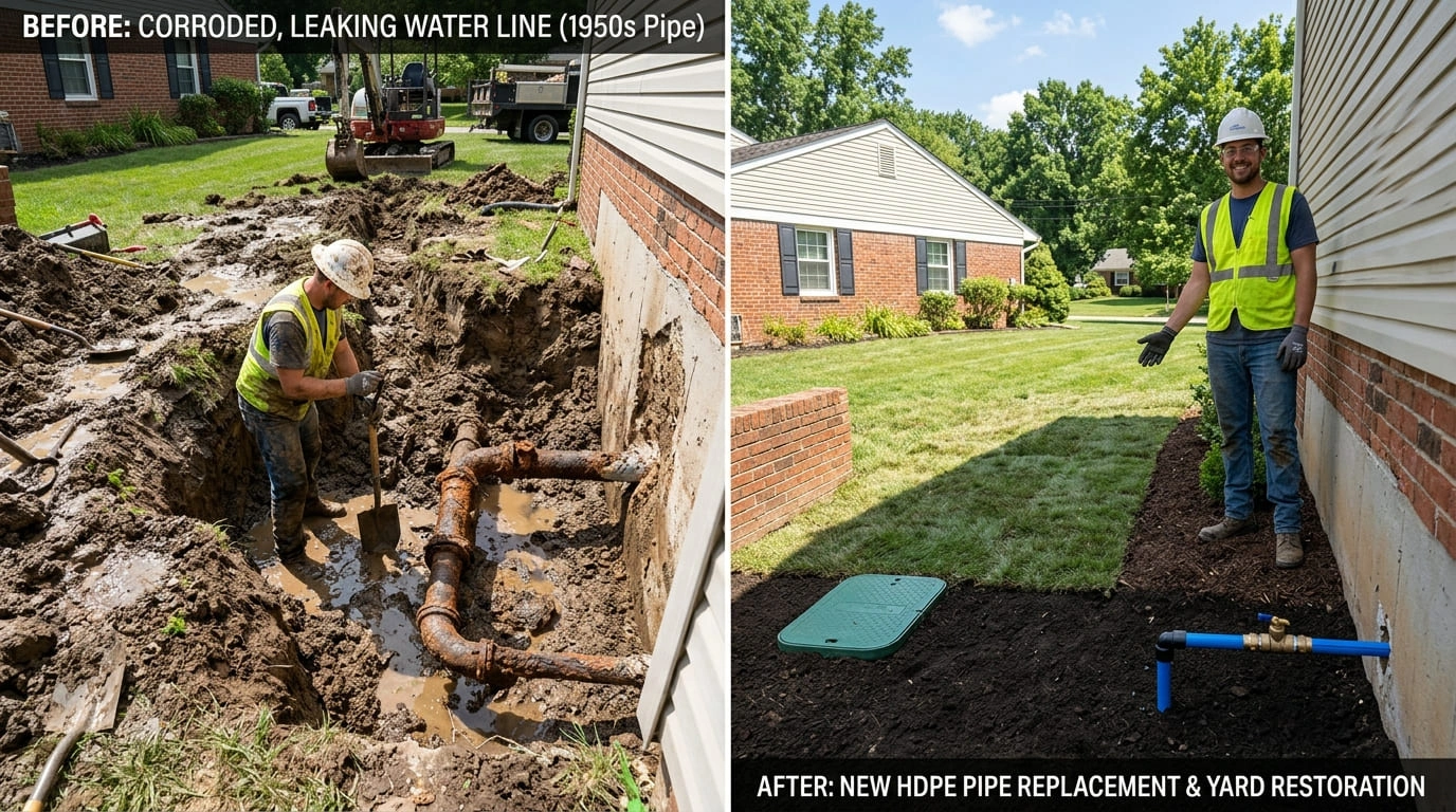 Water Line Replacement Yard Restoration Before and After Rose Pasa Plumbing Pasadena CA